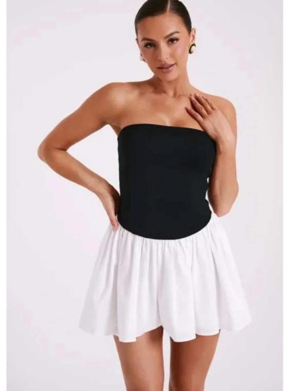 Meshki Black Strapless Bodice with White Flared Mini Skirt